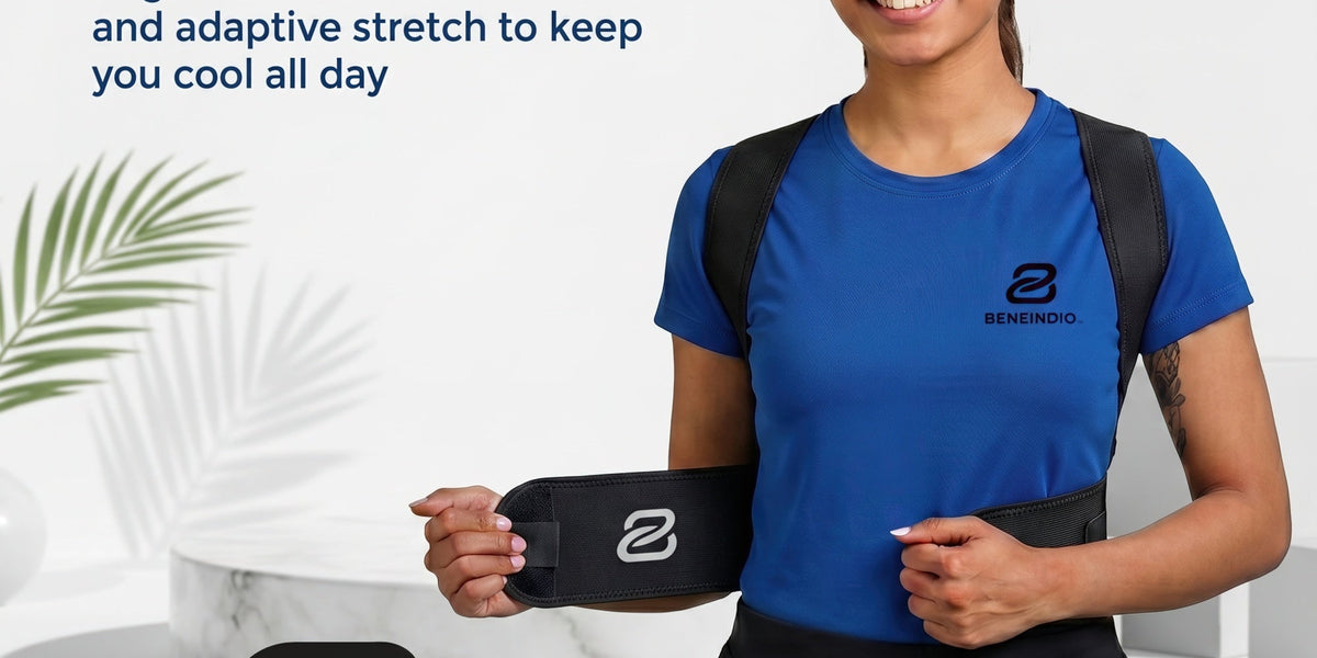 Woman wearing a Beneindio posture corrector over a light top while working on a laptop at home